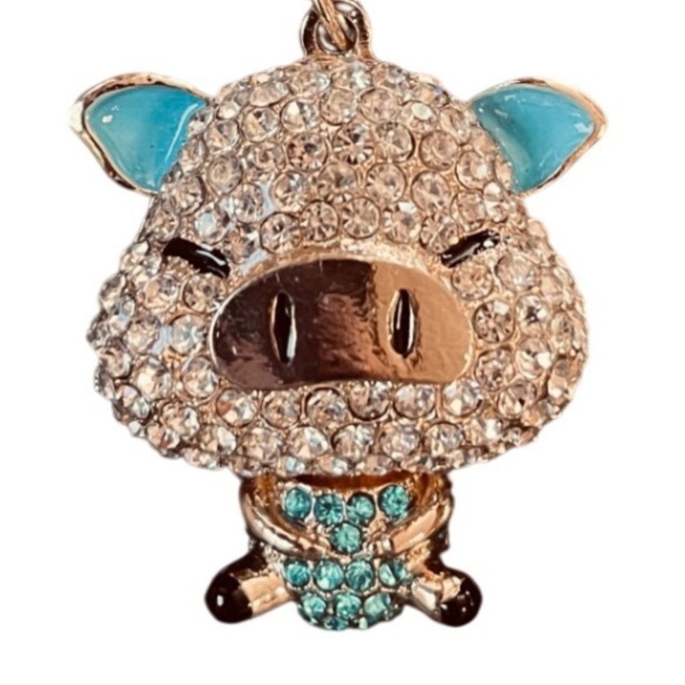 Rhinestone Pig Keychain Teal Crystal Bag Charm Lobster Clasp Piggies